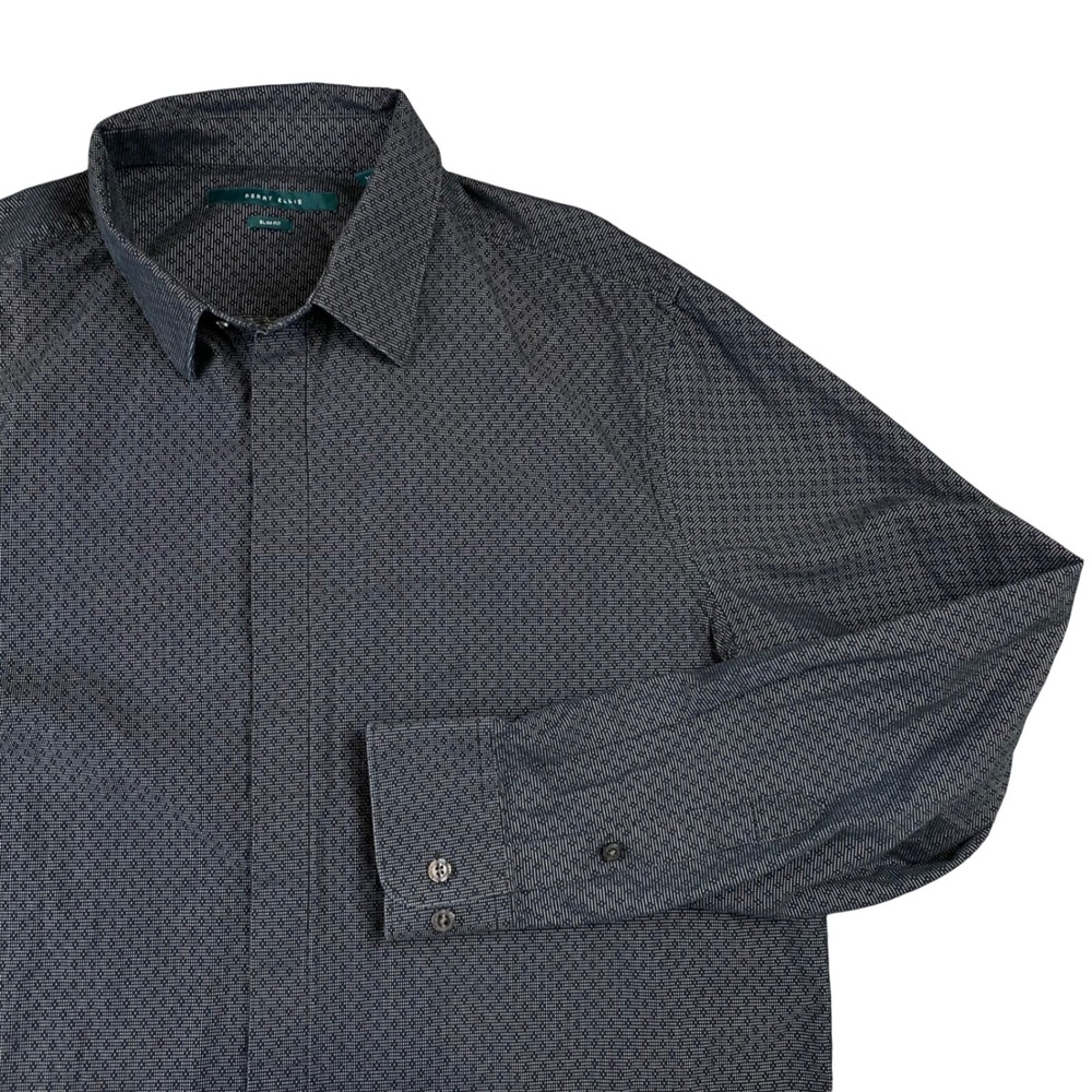 Perry Ellis Mens XL Slim Fit Black White Micro Print Cotton Button Up Shirt